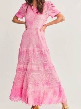 LoveShackFancy Pink Lace Tiered Maxi Dress